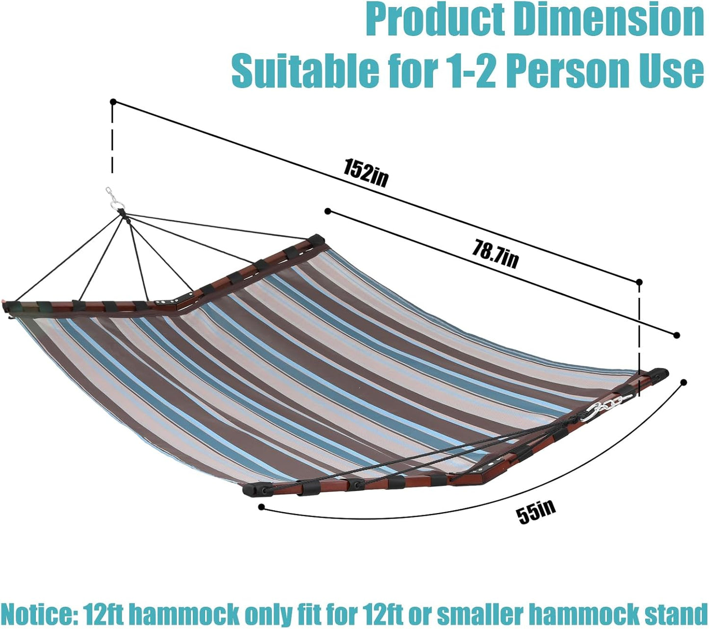 TegerDeger 12FT 2 Person Hammock Large Hammock Quick Dry 450LB Capacity with V Shaped Hardwood Spreader Bar & Nylon Rope for Outside, Patio, Garden, Backyard, Beach, Poolside - Brown Stripes