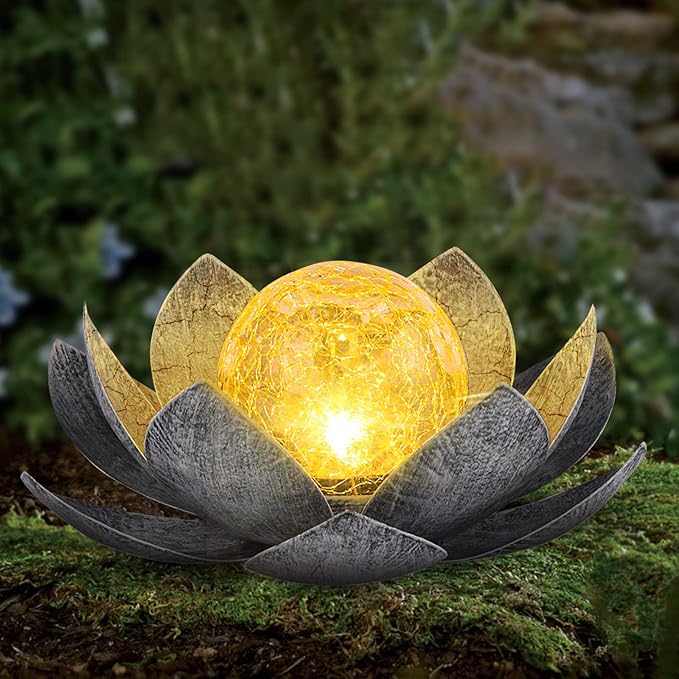 Garden Solar Light Outdoor(2Pack), Amber Crackle Globe Glass Lotus Decoration, Waterproof Gary Metal LED Flower Lights for Patio,Lawn,Walkway,Tabletop, Garden Gifts for Women