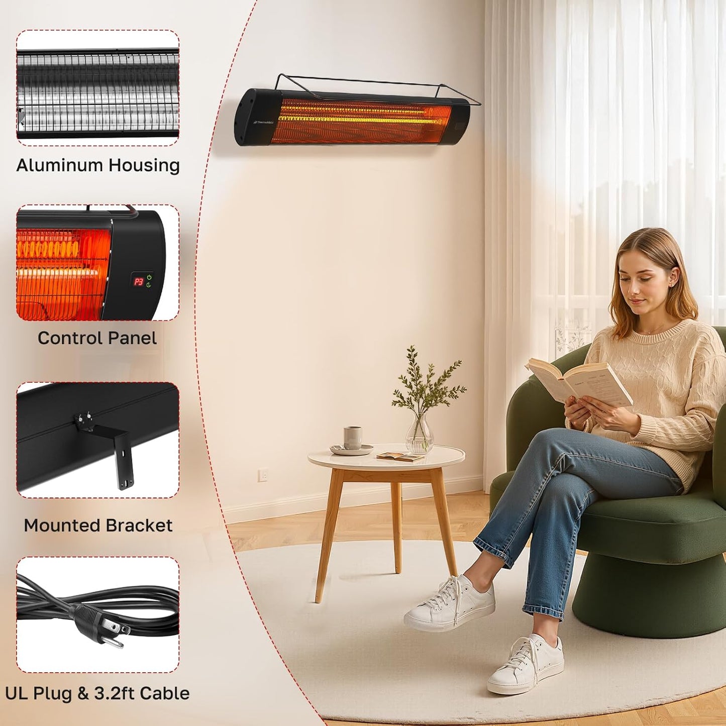 ThermoMate Infared Patio Heater for Outdoor with Tripod, Electric 1500W IP65 Waterproof with Remote, 3 Heating Levels & 24H Timer for Restaurant Backyard, Plug-in 120V Black