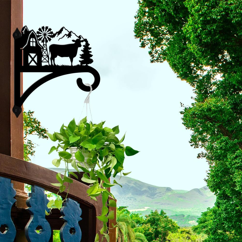 peacoblue Iron Plant Hangers Hooks for Outdoor Indoor Hanging Plants Flower Fern Pots Lantern Bird Feeder,11.8"x13.6" Weather Resistant Metal Wall Holder for Porch Garden Farmhouse(Farm Cow)