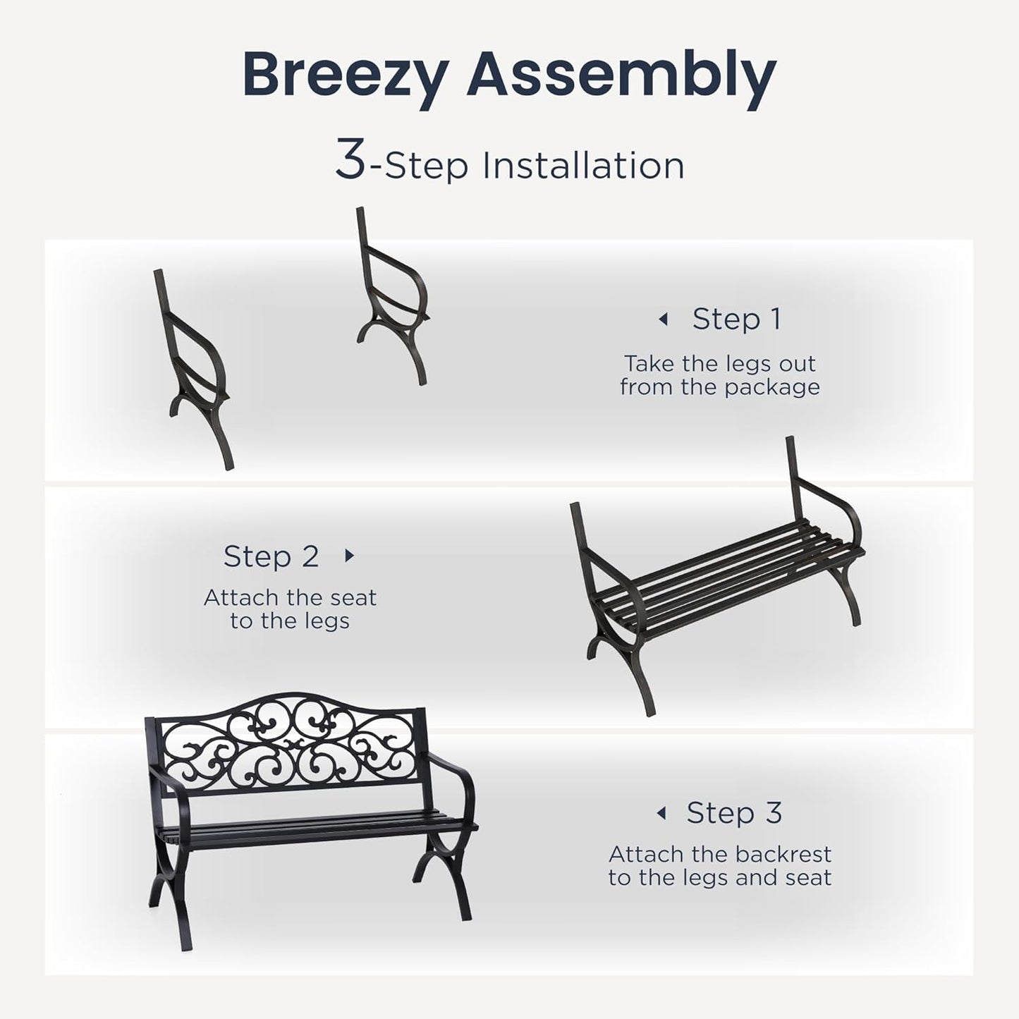 PHI VILLA 50-Inch Cast Iron Steel Frame Garden Bench Outdoor Patio Bench Chair w/Floral Design Backrest, Slatted Seat for Park, Yard & Porch, Black