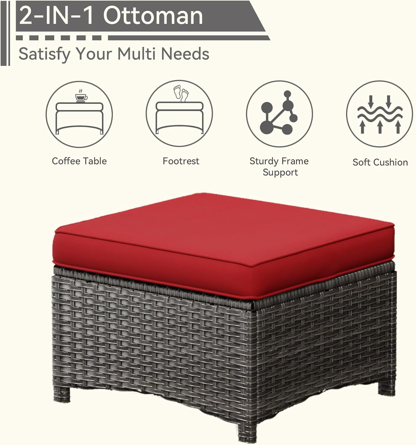 5 Pieces Patio Conversation Set, Wicker Chairs Set of 2 and Two Ottomans with 3.5-inch Seat Cushions, 1 Side Table High Back and Curved Armrest for Backyard, Balcony and Deck, Red