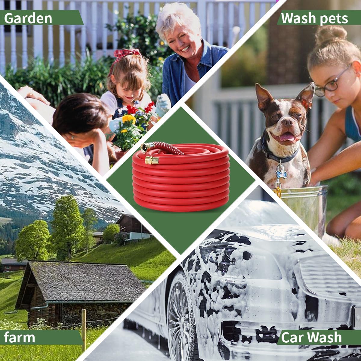 75FT 5/8 Heavy Duty Rubber Garden Hose - 200psi Working, 1000psi Burst - Hot/Cold Water - Five-Layered Braiding for Durability - Versatile for Gardening, Agriculture, Construction(Red)