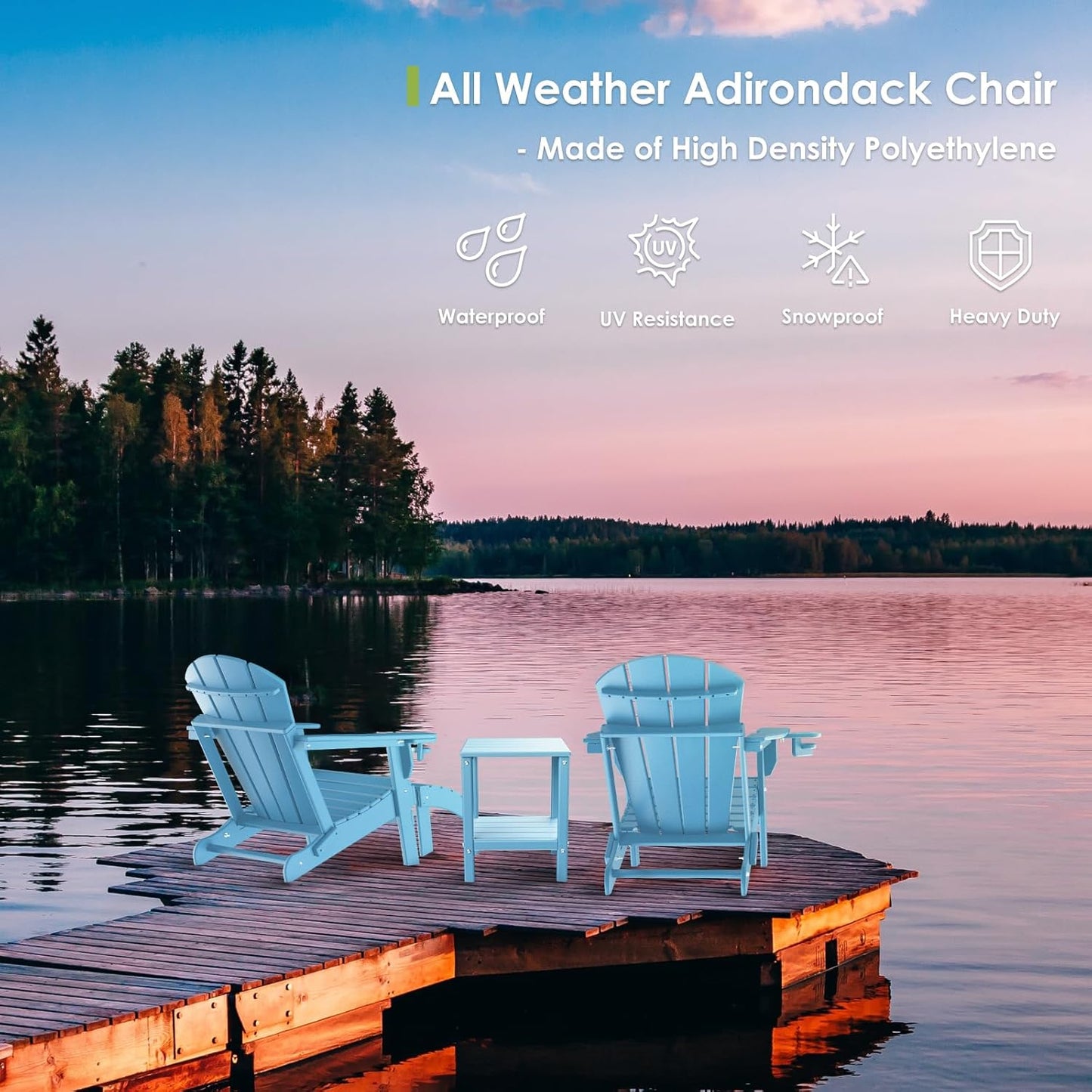GREENVINES Folding-Adirondack-Chairs-Set-of-2 | HDPE Plastic | Fire Pit Chair | All Weather | Cup Holder | Arctic | for Deck Backyard Patio Outdoor Garden