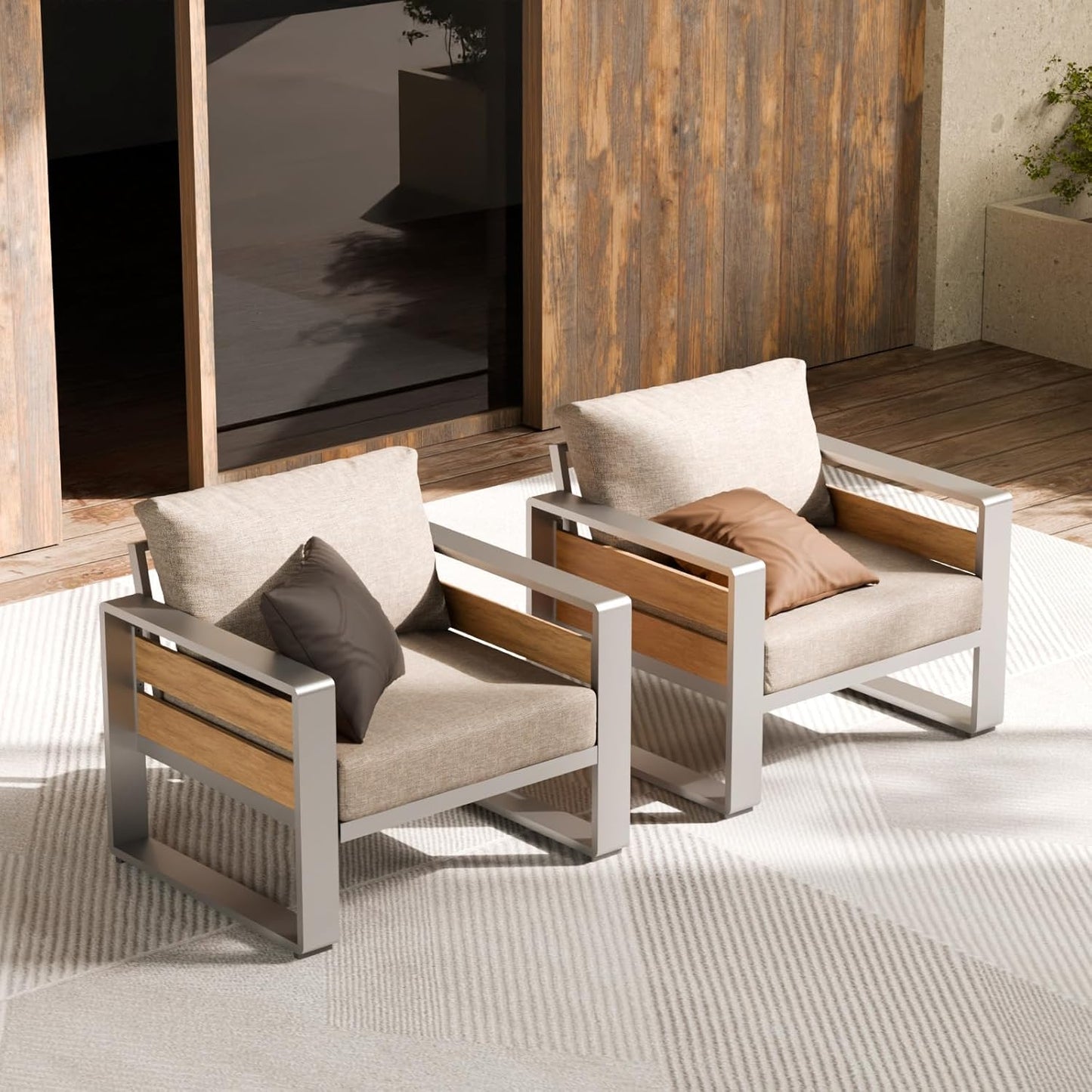 ZANDOR Aluminum Outdoor Patio Furniture - 2 Pcs Armchairs and Coffee Table, All-Weather Metal Modern Outside Furniture with Washable Thick Cushion for Garden/Backyard/Porch, Silver