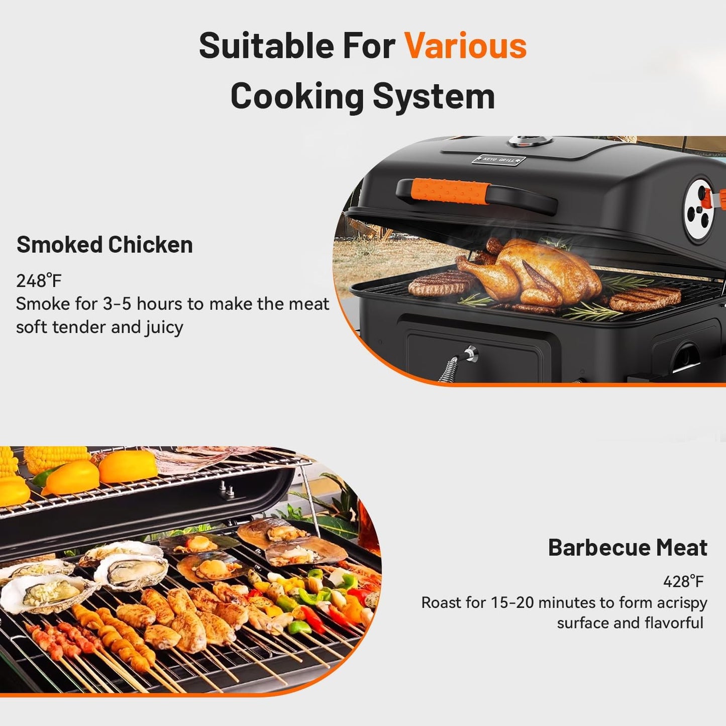 KEYO GRILL 24-Inch Movable Charcoal Grill, Dual Venting System Large BBQ Grills with Height Adjustable Charcoal Pan, Foldable Side Tables Outdoor Barbecue Grill for Backyard and Camping Grilling 