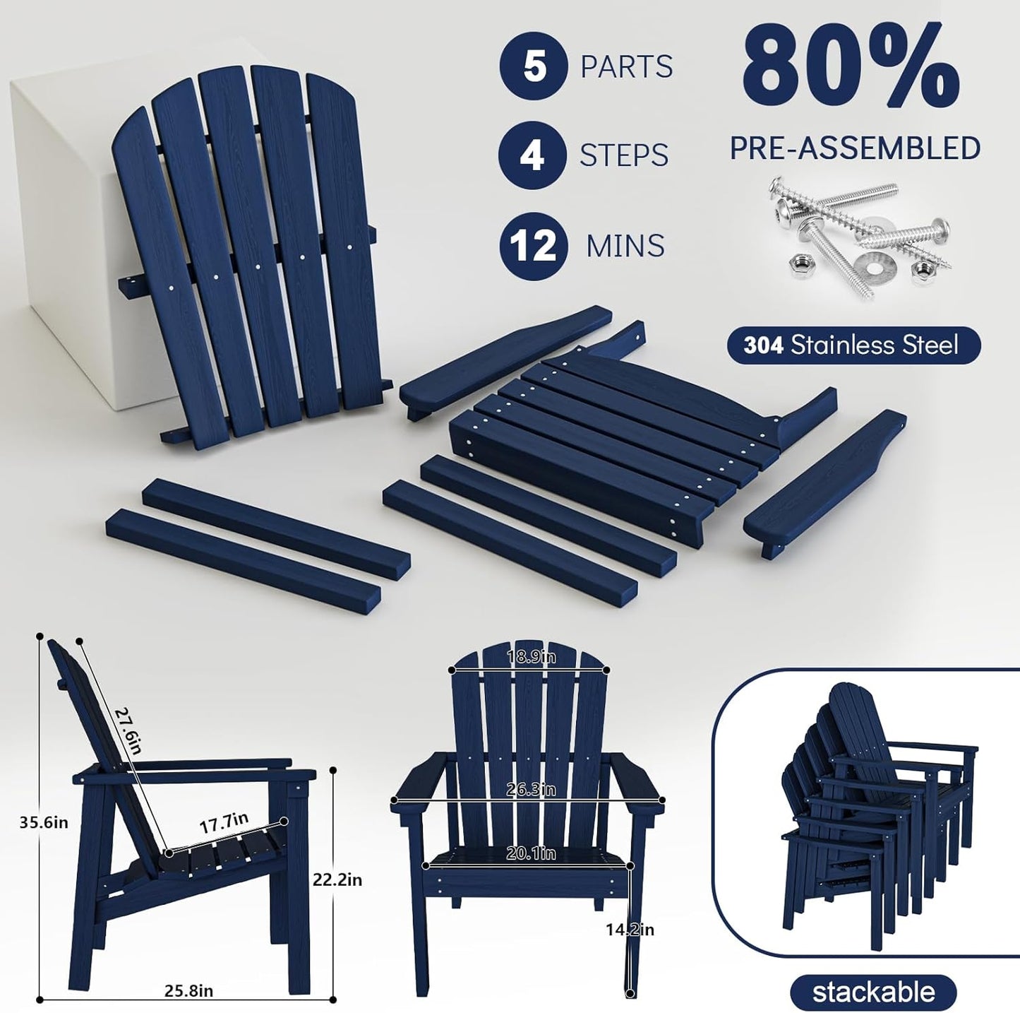 Stackable Adirondack Chair Set of 4, HDPE Outdoor Patio Chair - Durable and Space Saving, Suitable for Porches, Lawns or Garden, Navy