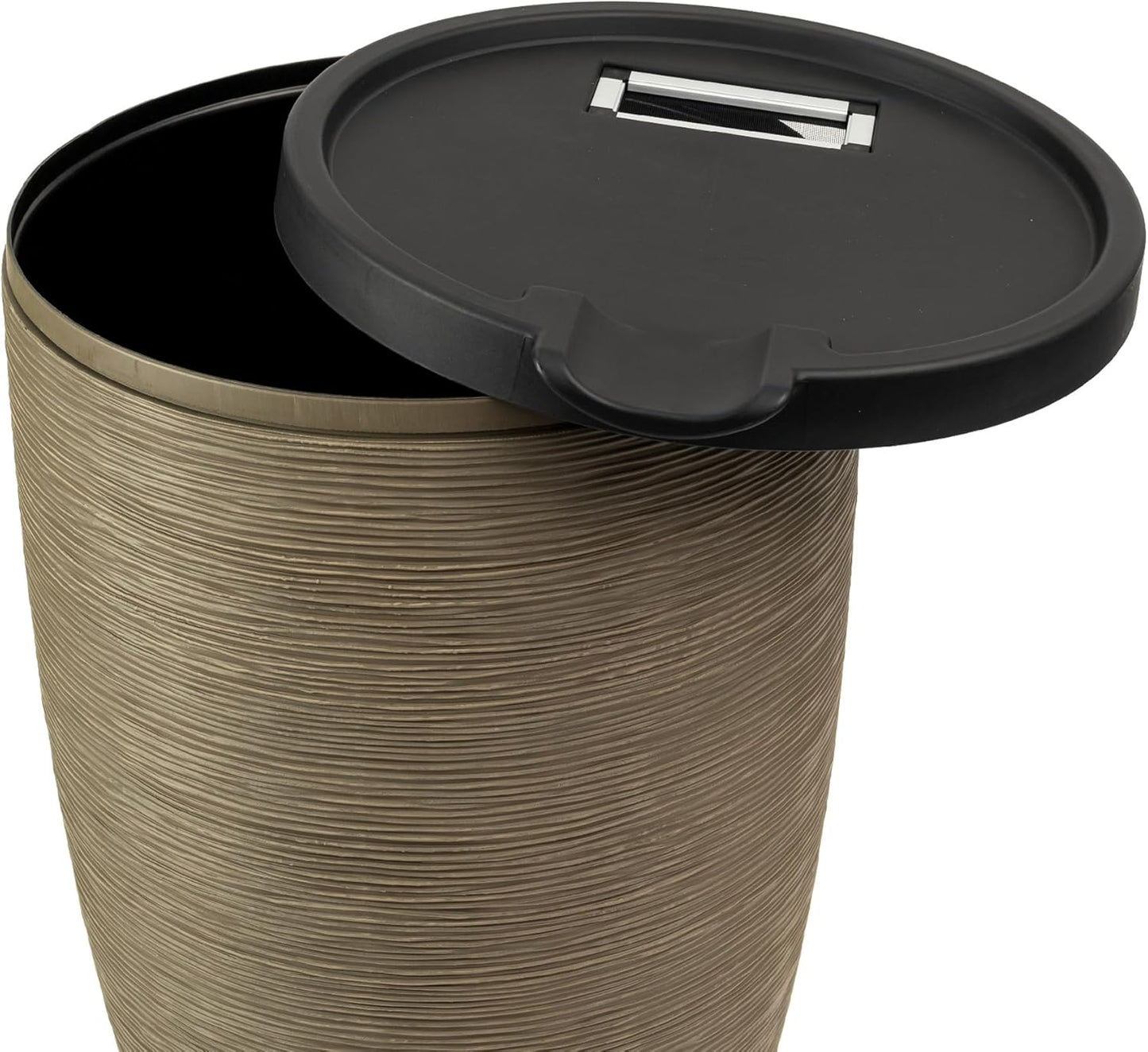 Newport 50‑Gallon Flat‑Back Rain Barrel with Stand & Planter Bundle – Sandstone | Removable Lid, UV-Stabilized Outdoor Water Storage