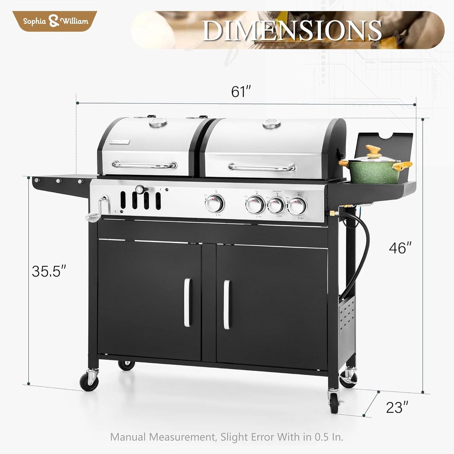 Sophia & William Charcoal and Propane Gas Grill Combo with Side Burner & Porcelain-Enameled Cast Iron Grate, Dual Fuel BBQ Grill for Outdoor, Barbecue Grill, 690 SQIN Cooking Area