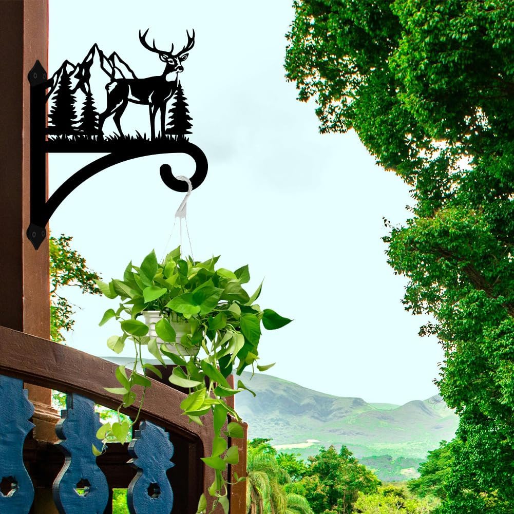 peacoblue Iron Plant Hanger Hook for Outdoor Indoor Hanging Plant Flower Fern Pots Lantern Bird Feeder,12"x15.4" Weather Resistant Metal Wall Holder for Porch Garden Farmhouse(Deer and Forest)