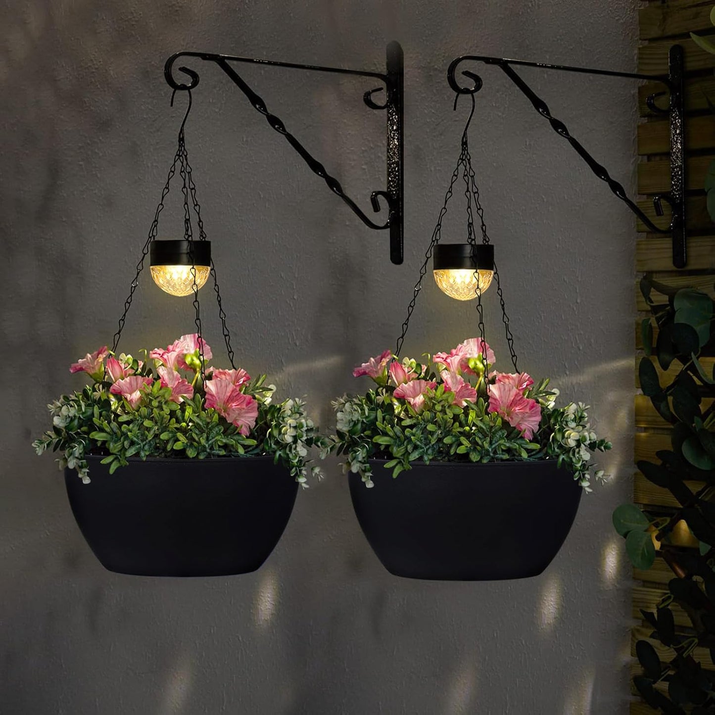 2 Packs Solar Hanging Basket Planters for Plants Outdoor, Self Watering Black Flower Plants Pots with Solar Light Drainer for Balcony Patio Garden Outdoor Decoration