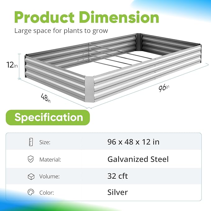 Quictent Galvanized Raised Garden Bed 8x4x1 Ft Metal Planter Box for Vegetables Outdoor, Bottomless for Backyard, 2 Tomato Cages Included (Silver)