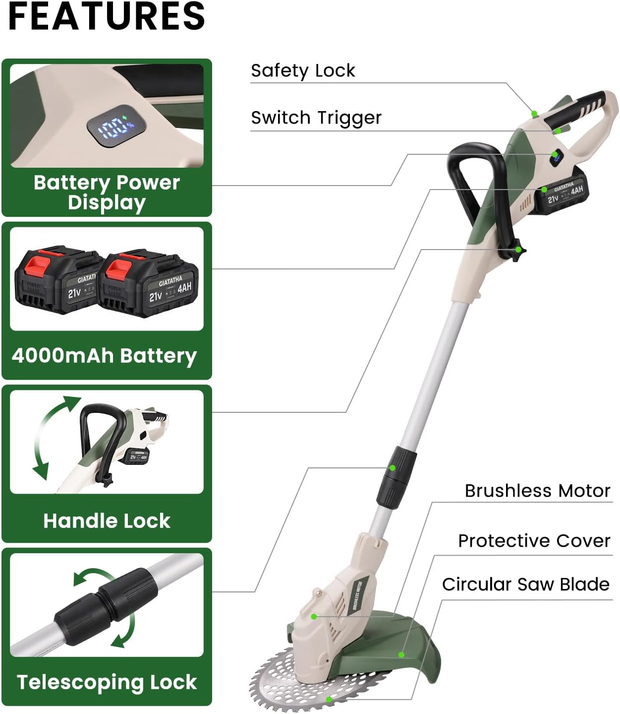 Electric Weed Wacker Cordless, Brushless Grass Trimmer with 2 21V 4.0Ah Batteries and Charger,4 Types of Blades String Trimmer, Weed Eater Battery Powered with Shoulder Strap, Lawn Edger Tool