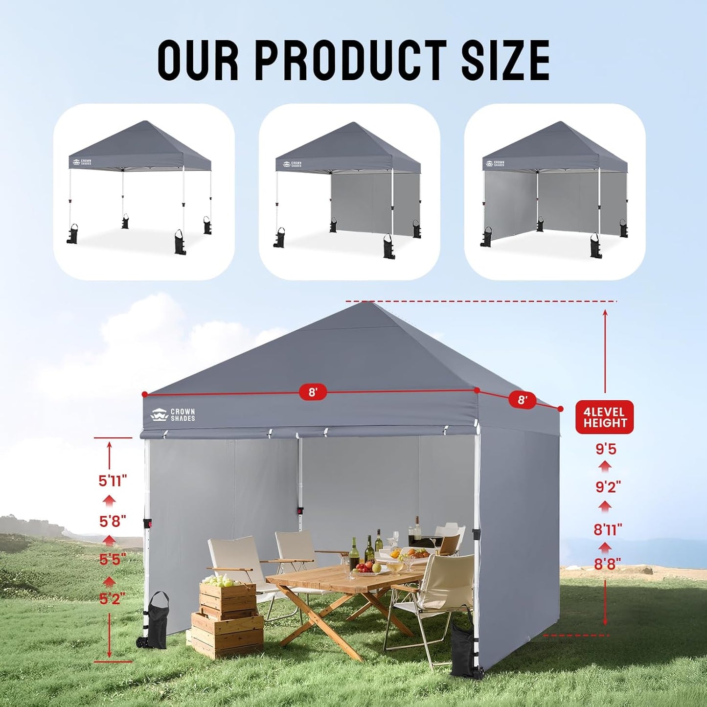 CROWN SHADES Pop Up Canopy Tent, 8x8 Commercial Canopy Tent with 4 Sidewalls, 4" Wheels, 4 Upgraded Weights, Patented Centerlock, 400D Fabric, Sto'N Go Bag, Gray