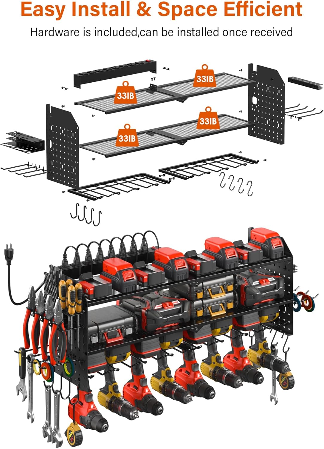 JUNNUJ Large Pegboard Power Tool Organizer with Charging Station, 8 Drills Driver and Tools Battery Holder Wall Mount with 8 Outlet Power Strip, Black 3-Layer Shop Garage Storage Utility Rack
