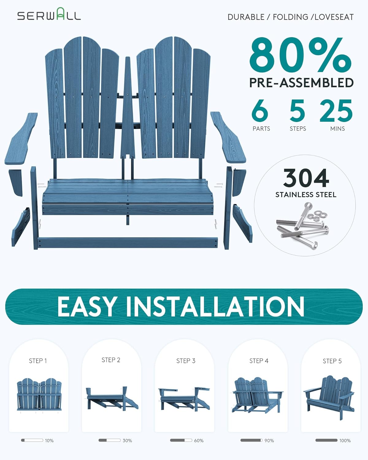 SERWALL Outdoor Folding Adirondack Bench, HDPE All-Weather Adirondack Loveseat, 660 lbs Capacity, Foldable Outdoor Patio Bench for Deck, Lawn, Garden, Navy