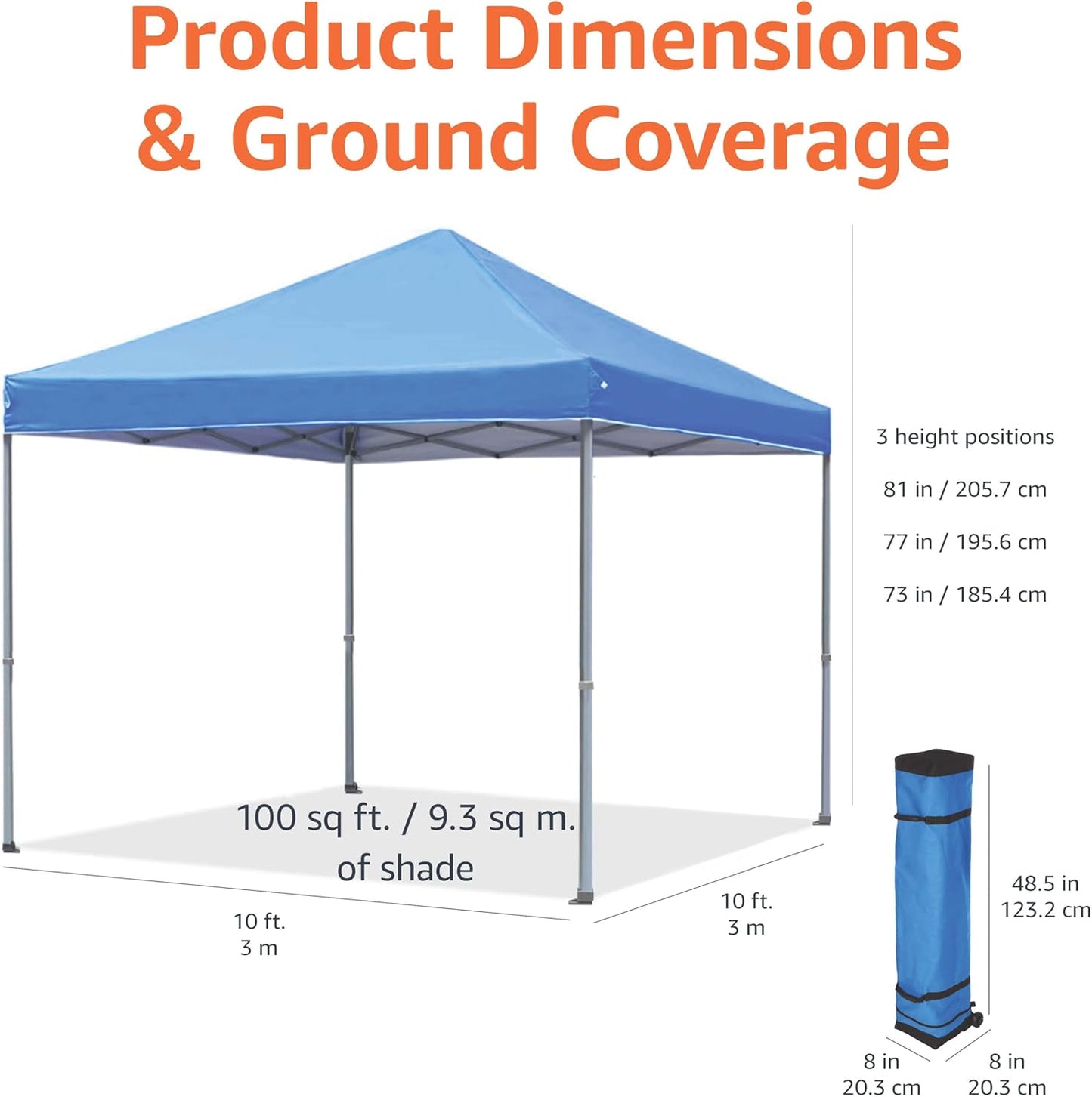 Amazon Basics Outdoor Pop Up 10 x 10 Canopy Tent for Events, Portable with Easy Setup, Includes Wheeled Carry Bag, 8 Pegs, 4 Ropes, 4 Weighted Bags, Blue