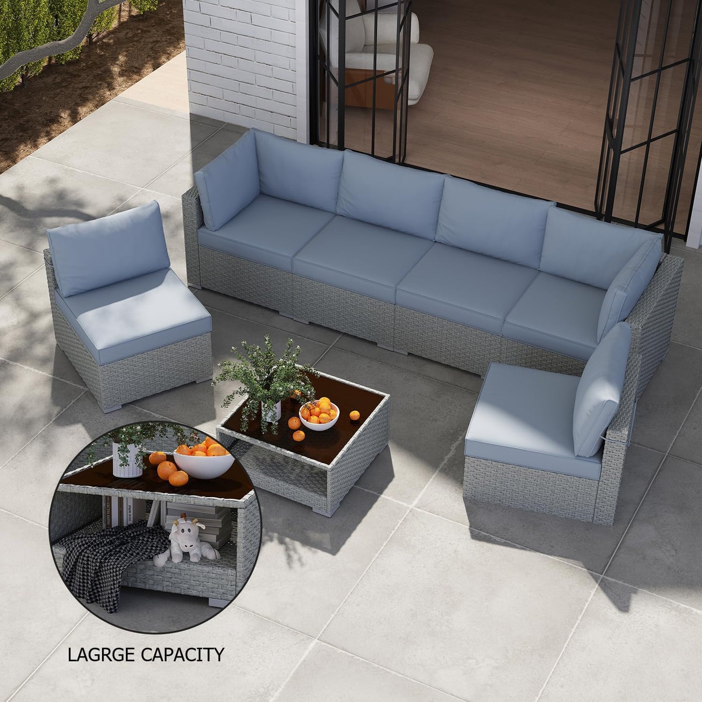 Patio Furniture Set 7-Piece, All-Weather Outdoor Conversation Set Sectional Sofa with Water Resistant Grey Thick Cushions and Coffee Table(Grey)