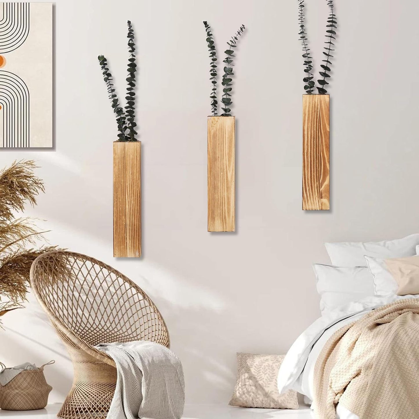 Wooden Wall Planter Set of 3 - Modern Home Decor for Living Room, Bedroom, Bathroom - Brown Finish Planter for Dried Flowers, Faux Greenery, Indoor Plants