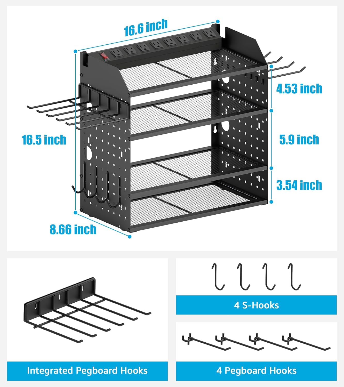CCCEI Modular Desk Power Tools Organizer with Charging Station, 4 Layer Drills Battery Storage Wall Mount, Garage Shop Organization, Anniversary, Birthday, Gifts for Men, Father, Black, 6FT Cord.
