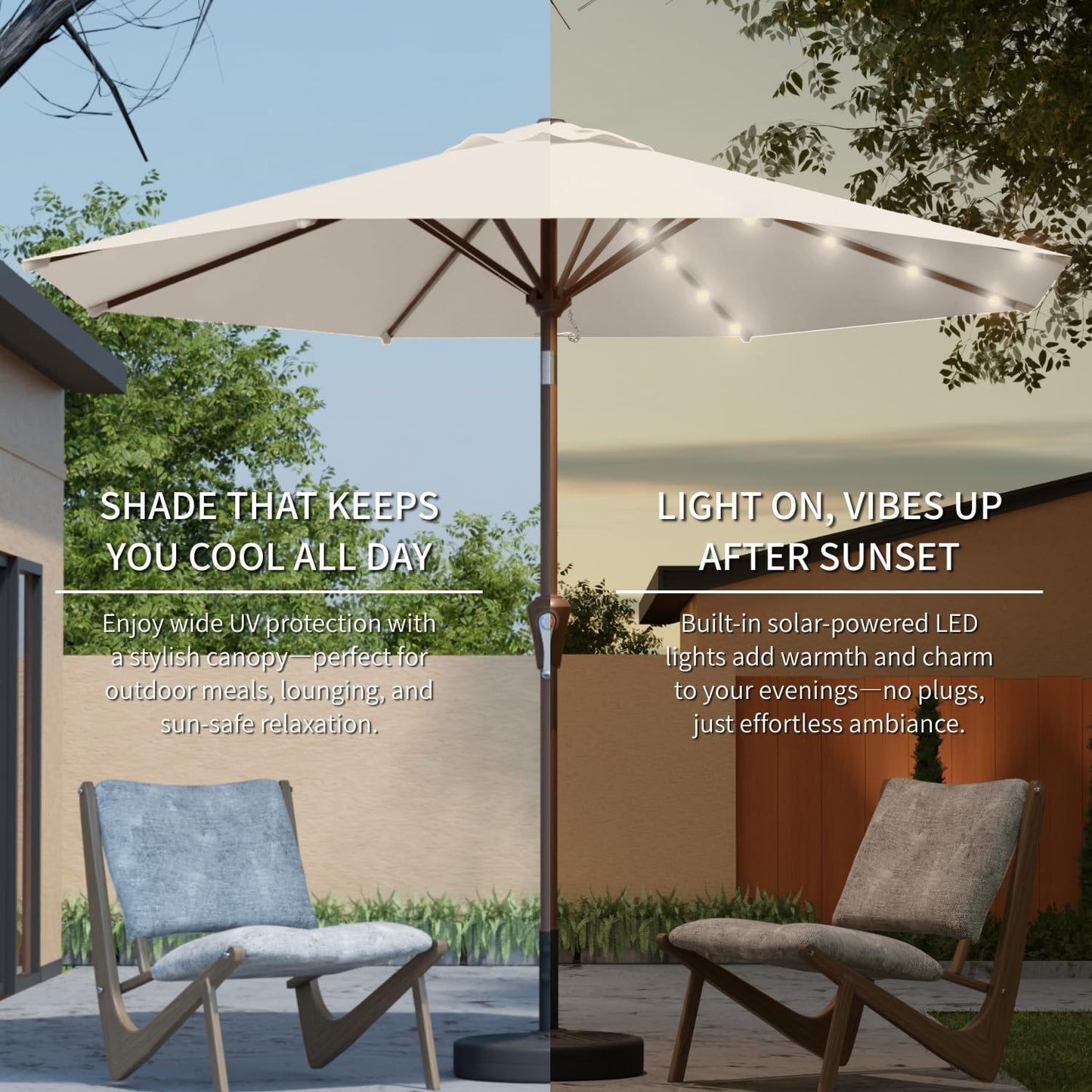 9FT Solar Umbrella 32 LED Lighted Patio Umbrella Table Market Umbrella w/Tilt and Crank, UV-Resistant Outdoor Umbrella for Pool, Garden, Deck, Creamy White