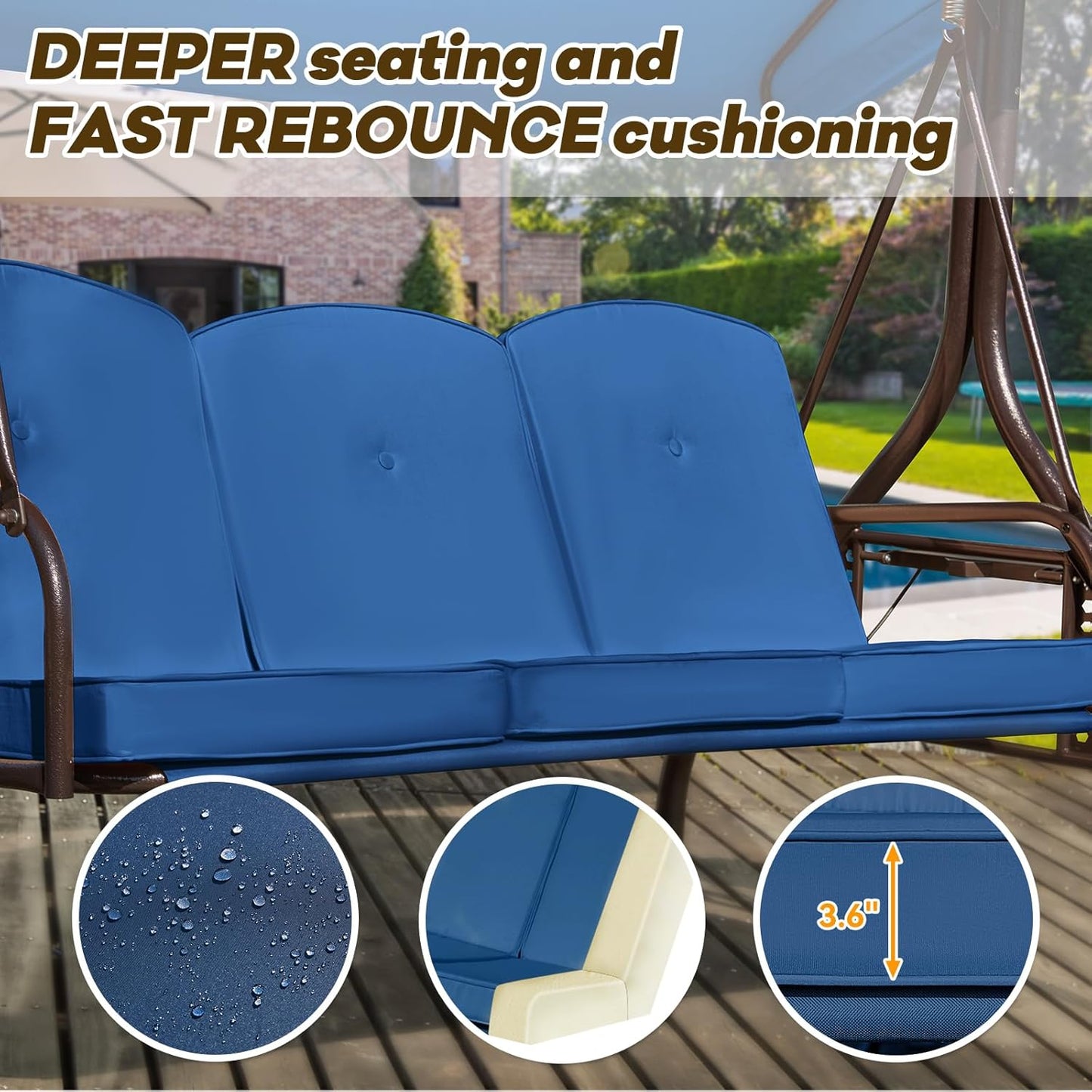 3 in 1 Outdoor Porch Swing with Adjustable Canopy, 3 Seat Outdoor Swing for Adults, Patio Swing Chair with Thickened Cushions,Pillows & Cup Holders for Backyard, Porch, Garden (Blue)