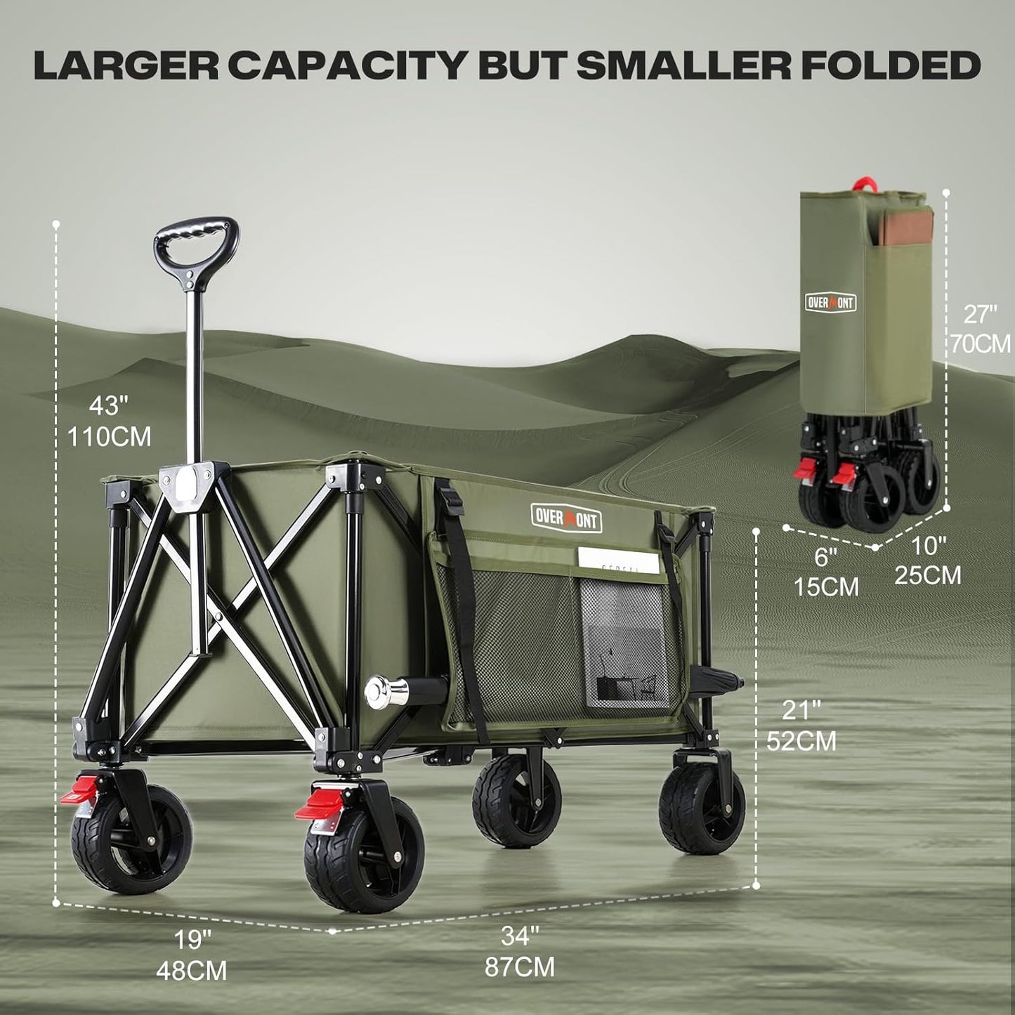 Overmont Collapsible Wagon Cart with Wheels - 180L Foldable Heavy Duty Wagon with Big All-Terrain Wheels - 330Lbs Weight Capacity with Side Pockets for Camping Sports Garden Grocery Shopping Green