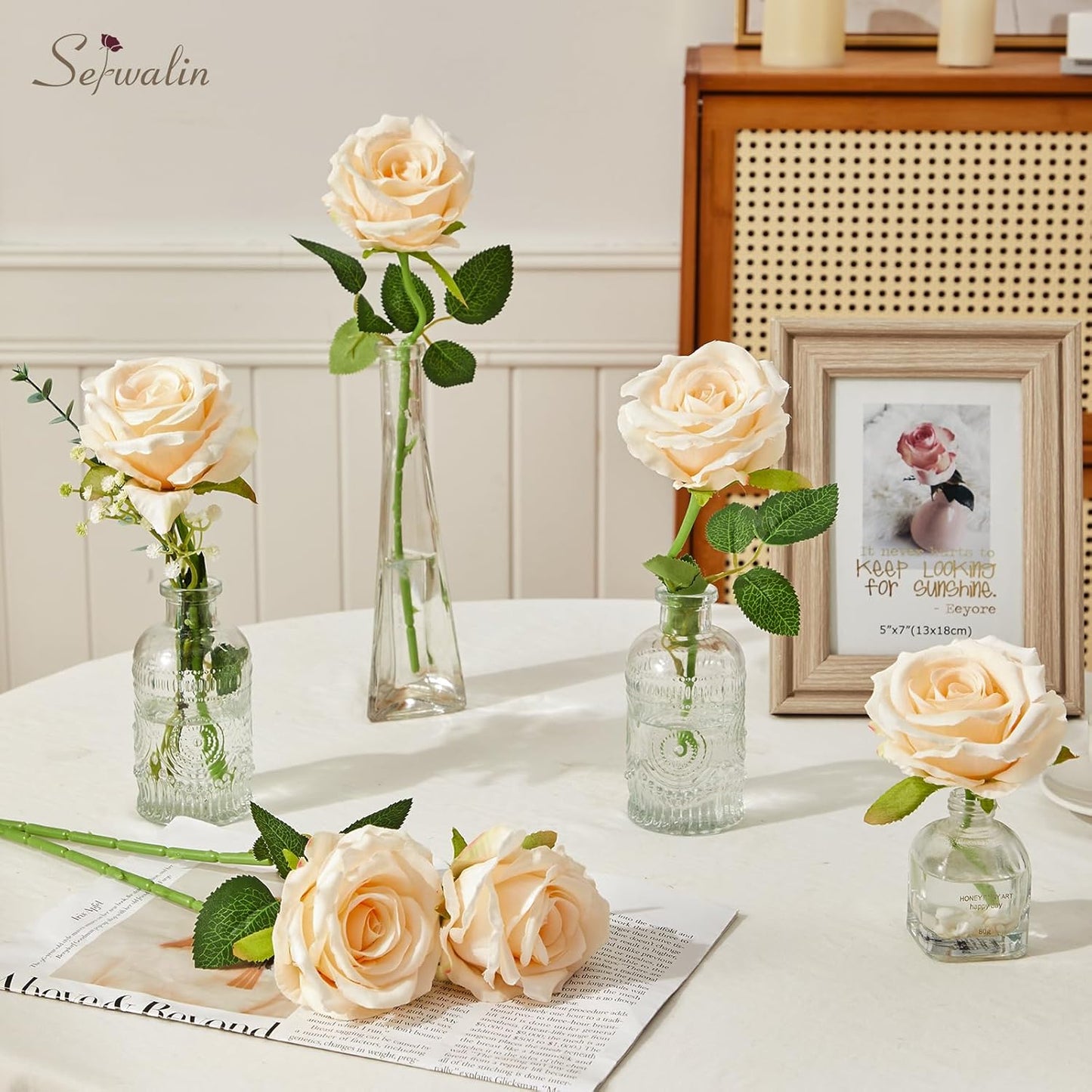 Serwalin 20pcs Artificial Roses, 4'' Big Flower Head, Champagne Velvet Silk Roses, Fake Roses Long Stem Realistic Bouquet for Wedding Table Centerpiece