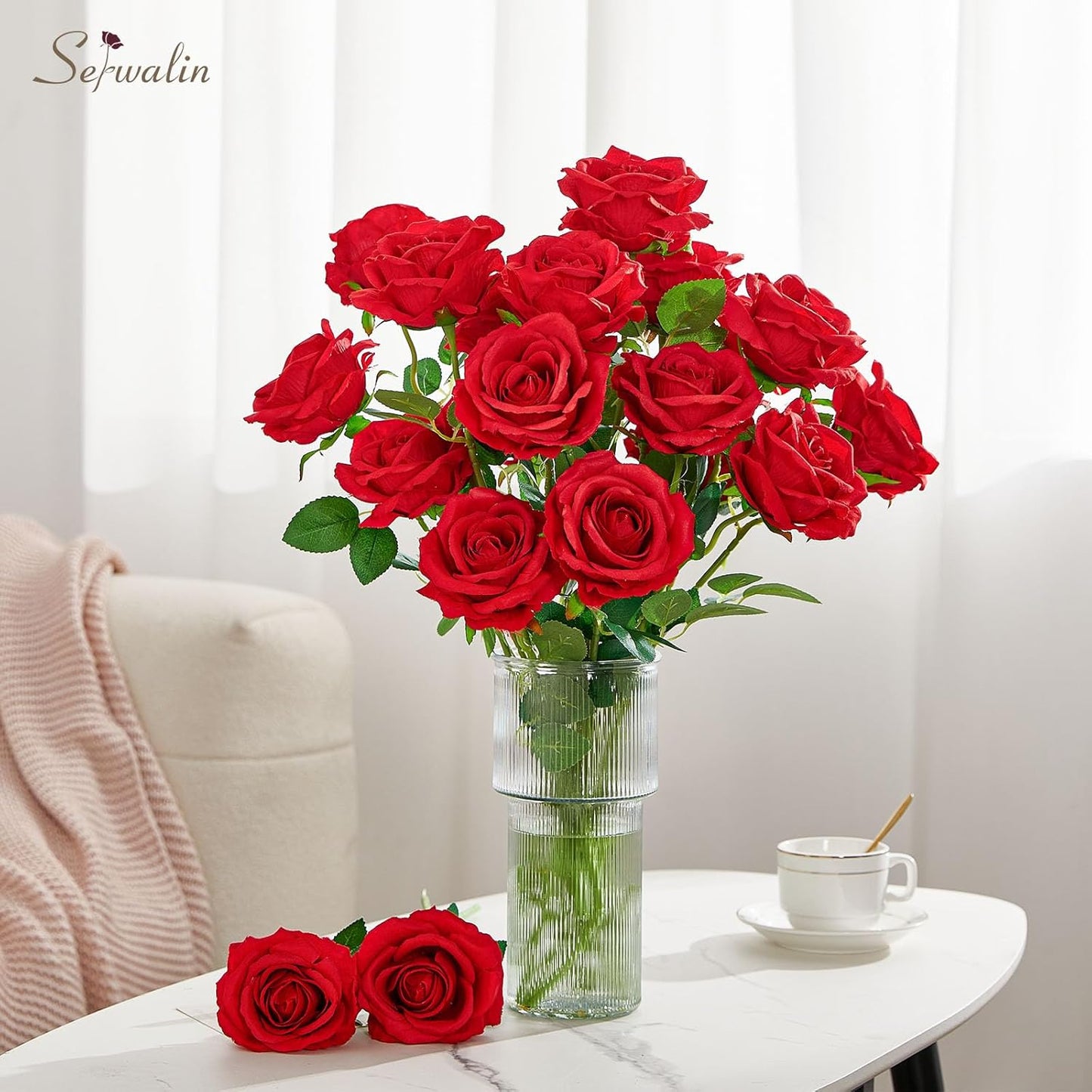 Serwalin 20Pcs Artificial Bright Red Roses, 4''Big Velvet Flower Head Fake Roses, Real Touch Silk Roses, Long Stems Realistic Roses Bouquet for Wedding Table Centerpiece and Home Decor