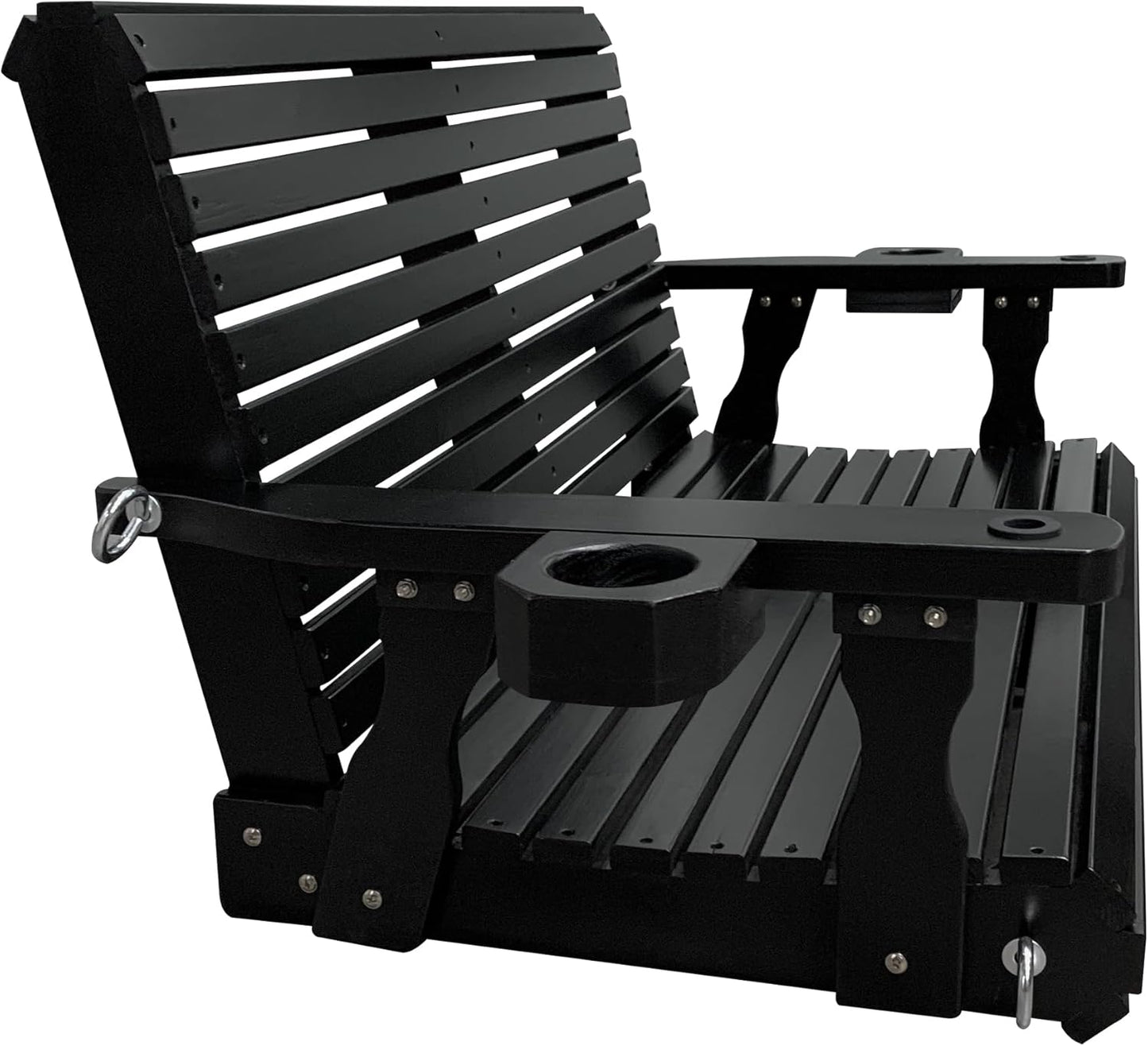 Wooden Porch Swing 2-Seater, High Backrest and Deep Seat, Bench Swing with Cupholders, Hanging Chains and 7mm Springs, Heavy Duty 880 LBS, for Outdoor Patio Garden (Carbon Black - 4 FT Extra Large)