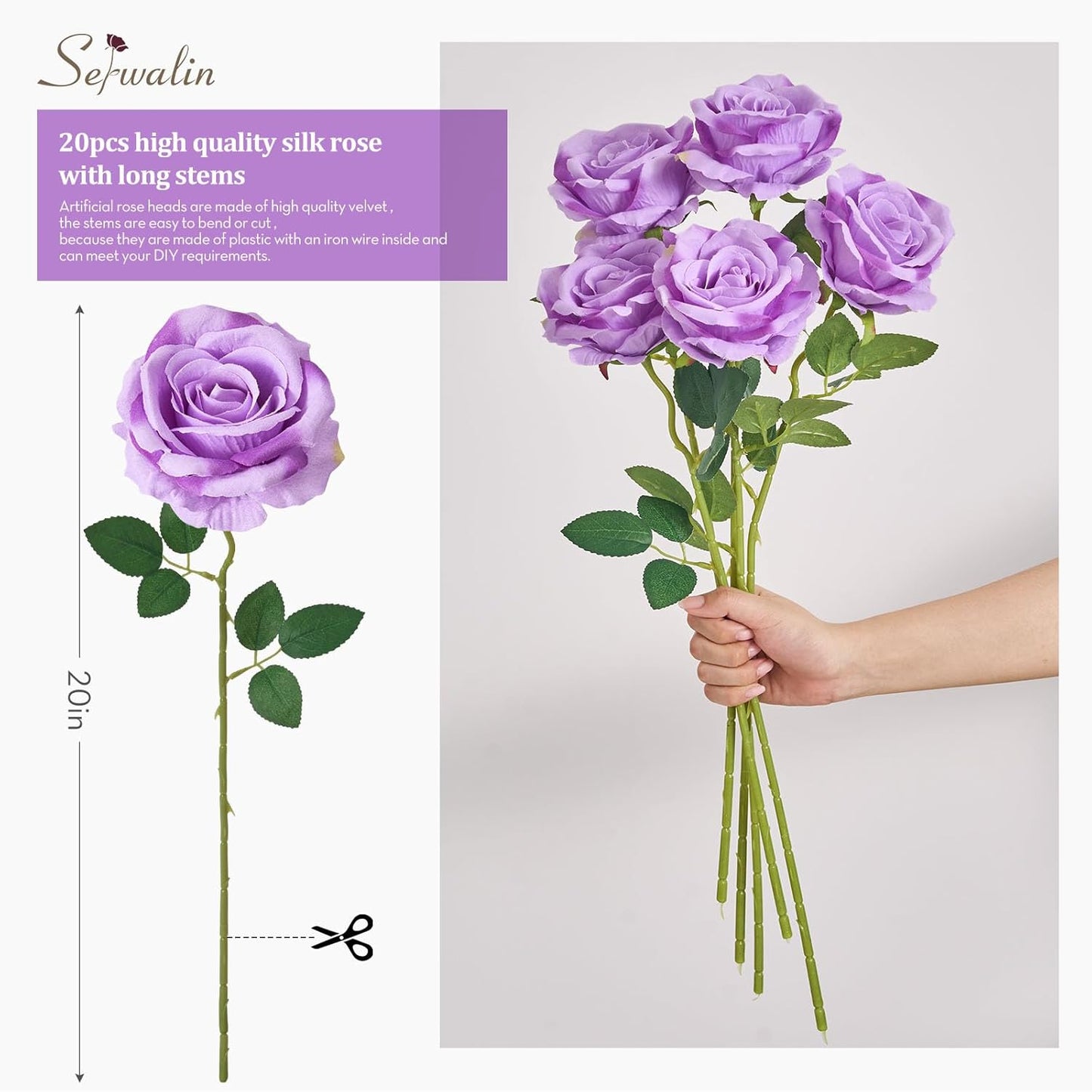 Serwalin 20pcs Artificial Roses, 4'' Big Flower Head, Light Purple Roses Velvet Real Touch, Silk Fake Roses Long Stem Realistic Bouquet for Wedding Table Centerpiece and Home Decor