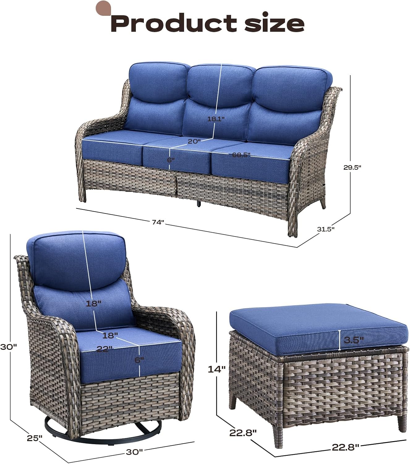 Wicker Outdoor Patio Furniture Set - 7 Piece Patio Conversation Sets with Swivel Rocker Chairs, Ottomans and Sofa, 6 inch Cushions, Waterproof Wicker, for Porch Deck Mixed Grey/Blue