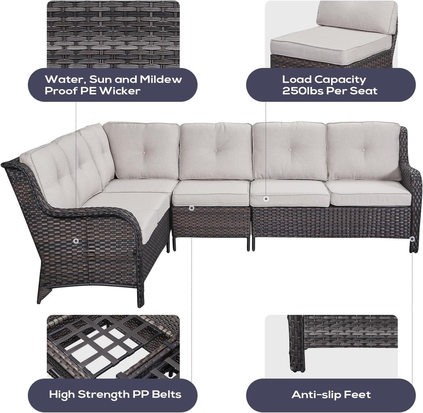 Outdoor Sectional Furniture Sofa Set with 50000BTU Propane Fire Pit Table, Wicker Patio Conversation Set with 2 Swivel Rocker Glider Chairs Beige Cushion Perfect for Backyard Casual Gathering