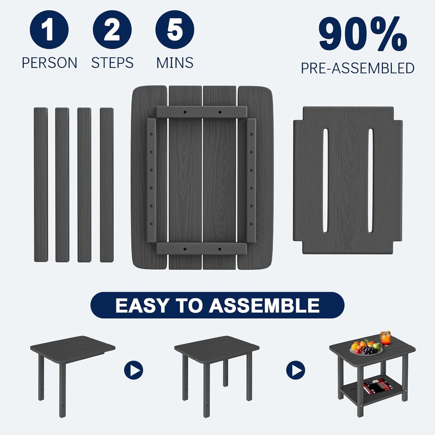 Adirondack Square Side Table - 18.4" Large Panel HDPE Outdoor End Table - Weatherproof, Rustproof & Low Maintenance for Patio, Lawn, Pool, Indoor Use (Grey)