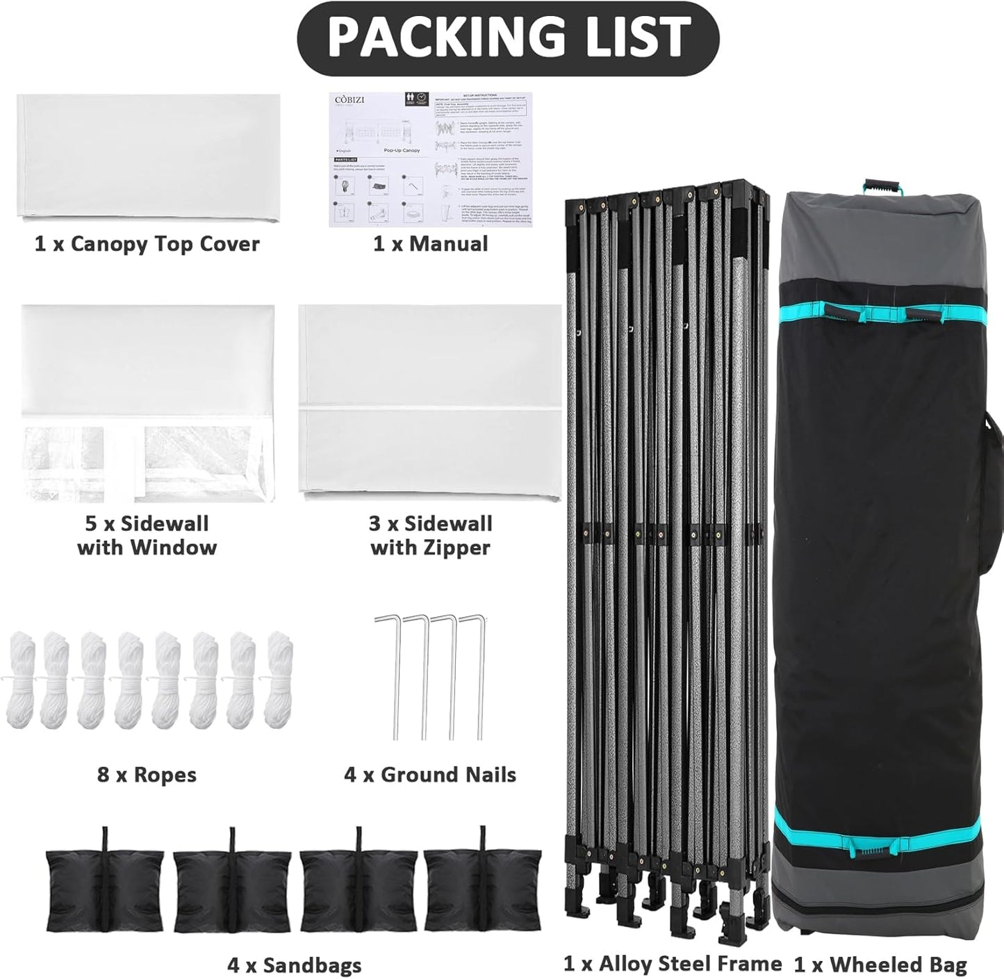 COBIZI 10x30 Pop Up Canopy with 8 Sidewall,Heavy Duty Canopy UPF 50+ All Season Wind Waterproof Commercial Outdoor Wedding Party Tents for Parties Canopy Gazebo with Roller Bag(10 x 30 ft White)