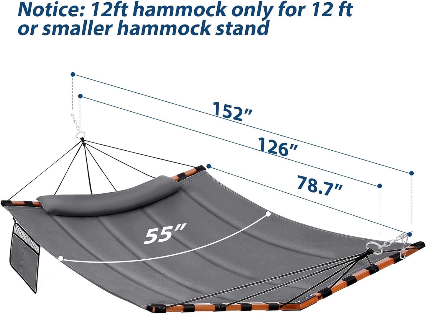 TegerDeger 12FT 2 Person Hammock Large Hammock 450LB Capacity with V Shaped Hardwood Spreader Bar & Nylon Rope for Outside, Patio, Garden, Backyard, Beach, Poolside - Gray