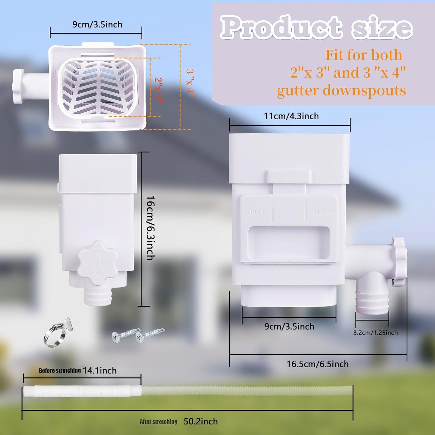 Rain Barrel Diverter Kit, Downspout Diverter Fits for 2"x 3" or 3"x 4" Standard Downspout, Rainwater Collection System with Adjustable Valve and Filter,5ft Hose(White)