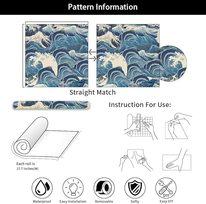 Hand Drawn Blue Sea Wave Reef Peel and Stick Wallpaper Self Adhesive Removable Easy Peel Off Stick on Wall Paper for Bedroom Cabinet Renter Friendly
