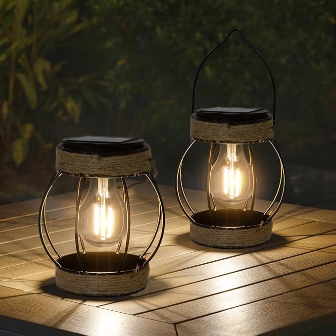 Solar Outdoor Lanterns,Hanging Solar Lights Outdoor Waterproof Metal Solar Table Lights Solar Powered Lanterns Decorative Tree Lanterns Outdoor Lamp for Patio Garden Yard Pathway, 2 Pack