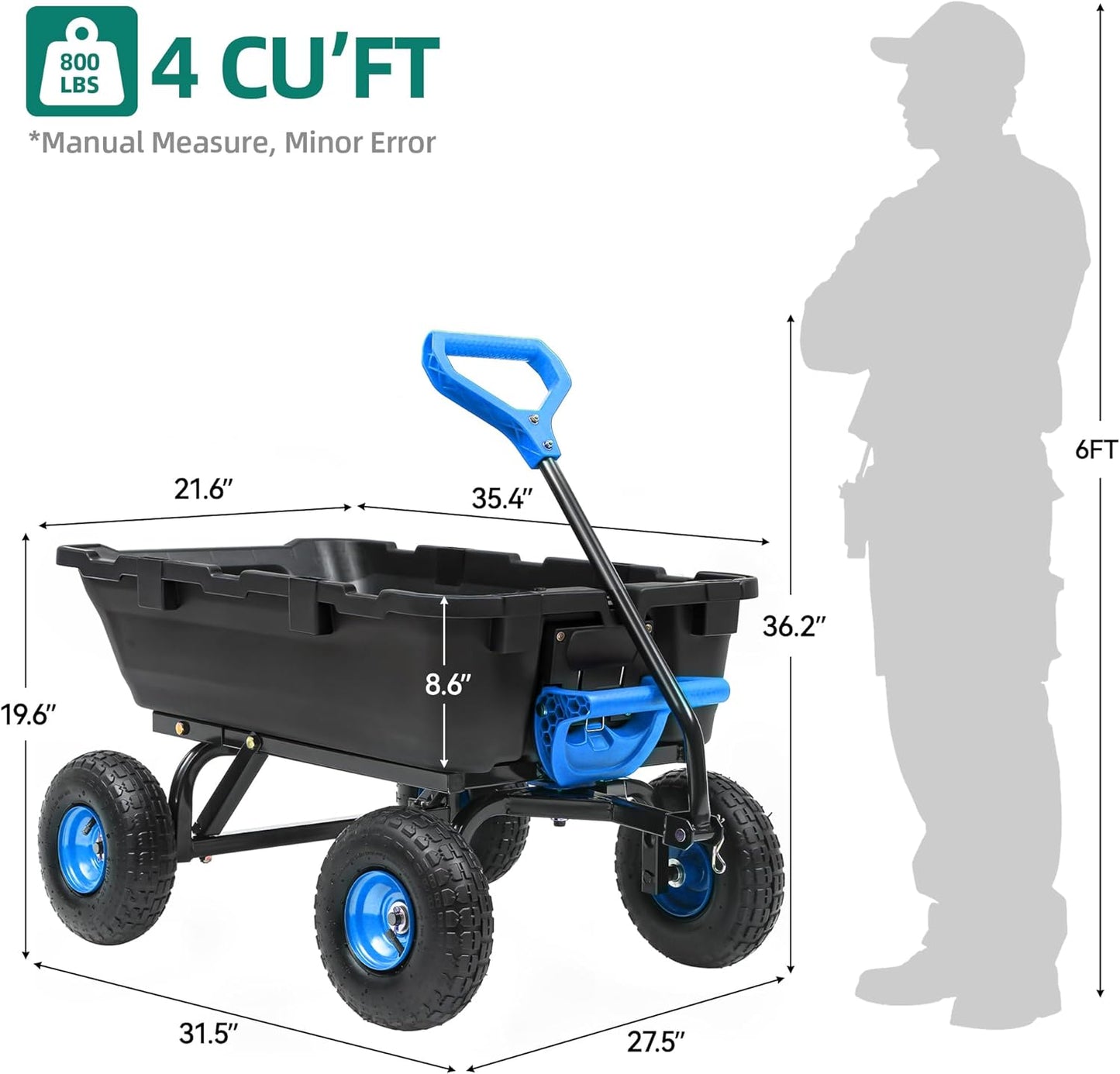 800lb Garden Dump Cart, Heavy Duty Wheelbarrow Dump Wagon with 4 Wheels&Quick-Release Dumping, Utility Wagon Carts for Yard, Farm and Garden(Blue)