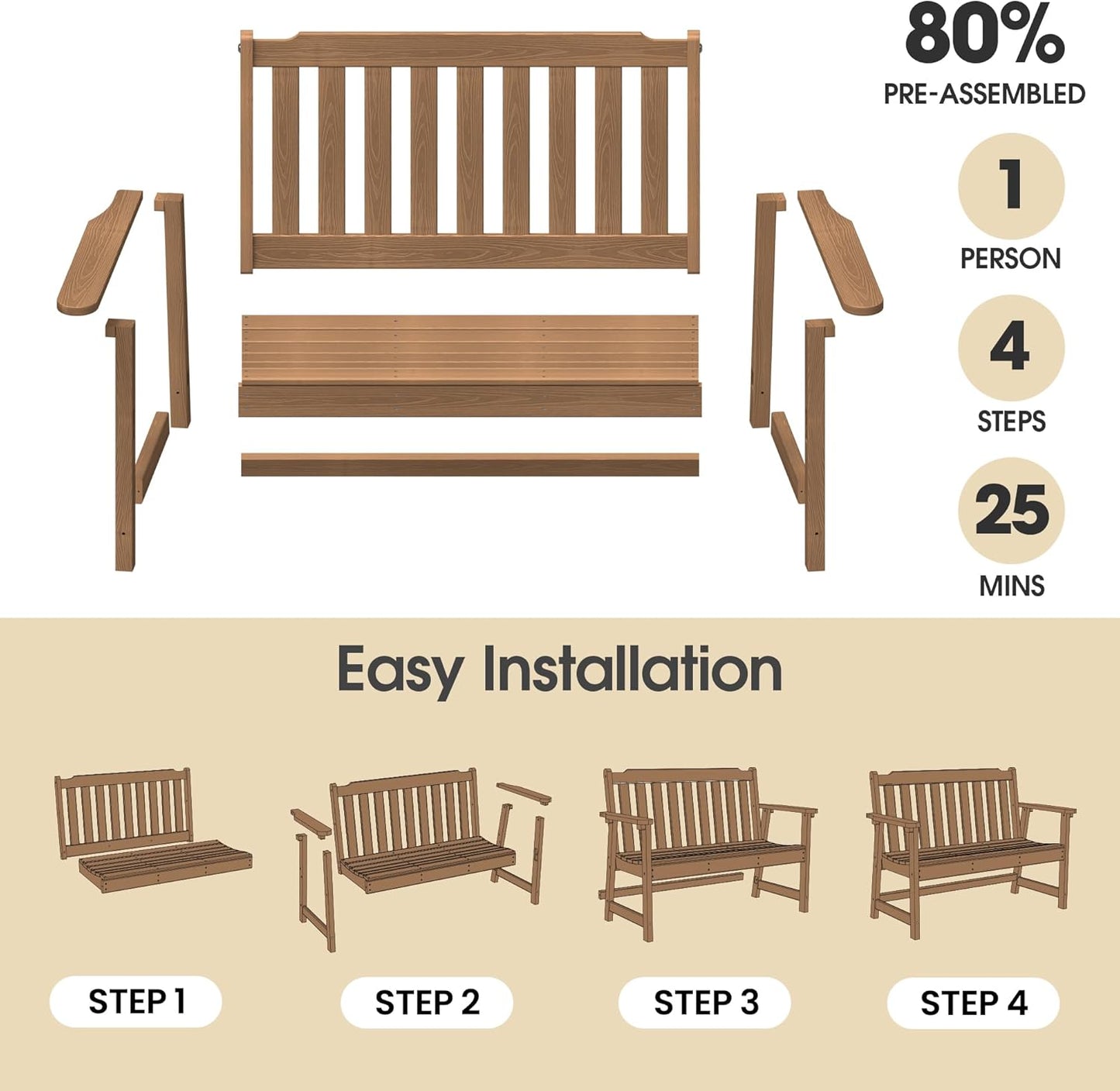 Ciokea 46" Heavy Duty Outdoor Bench Set of 2, HDPE Weatherproof Garden Bench, 2-Person Memorial Benches with 660 Lbs, Waterproof Patio Porch Benches for Outside Business Deck Office Backyard, Teak