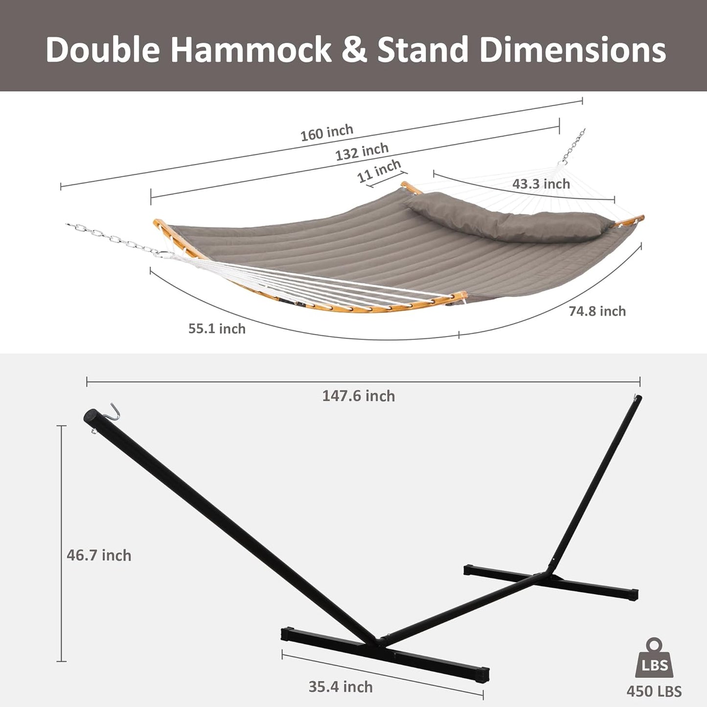 SUNCREAT Hammocks Portable Hammock with Frame, Backyard Double Hammock with Curved Spreader Bar, Brown