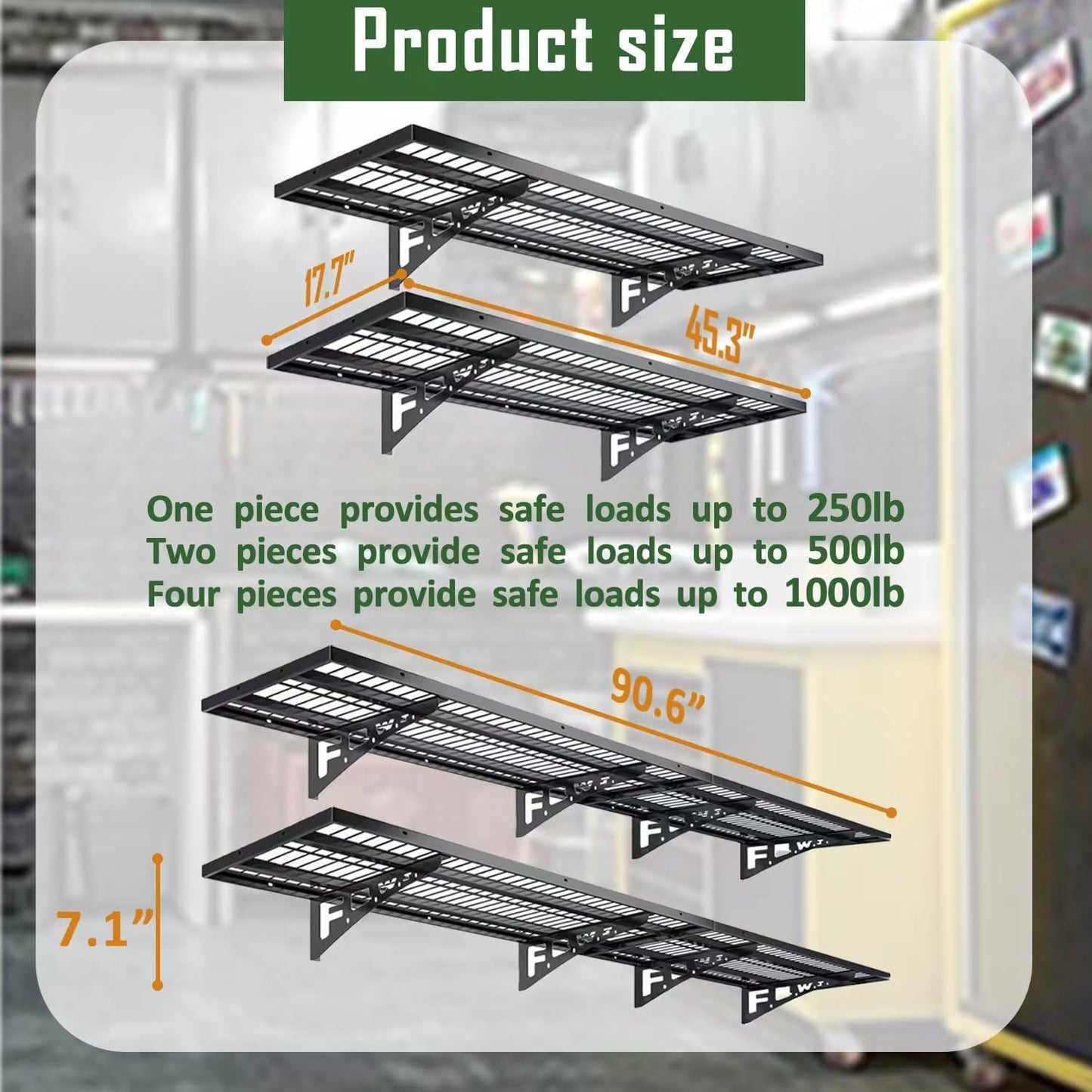 4 Pack Garage Wall Shelving, Heavy Duty 1.5' x 3.8' Wall Mount Storage Shelf with Hooks, Garage Storage Rack Floating Shelves, Holds 250 lbs Each
