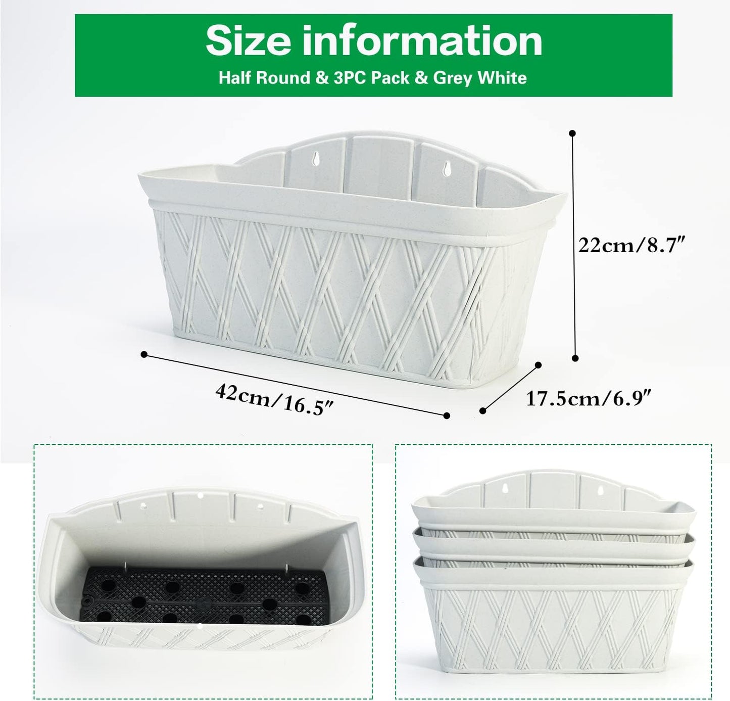 Sungmor 3 Pack Wall Hanging Planters, 16.5 Inch Railing Fence Hanging Flower Pots, Thickened Plastic Water Storage Plant Pot, Indoor Outdoor Garden Balcony Decor, Light Grey Large Plant Basket