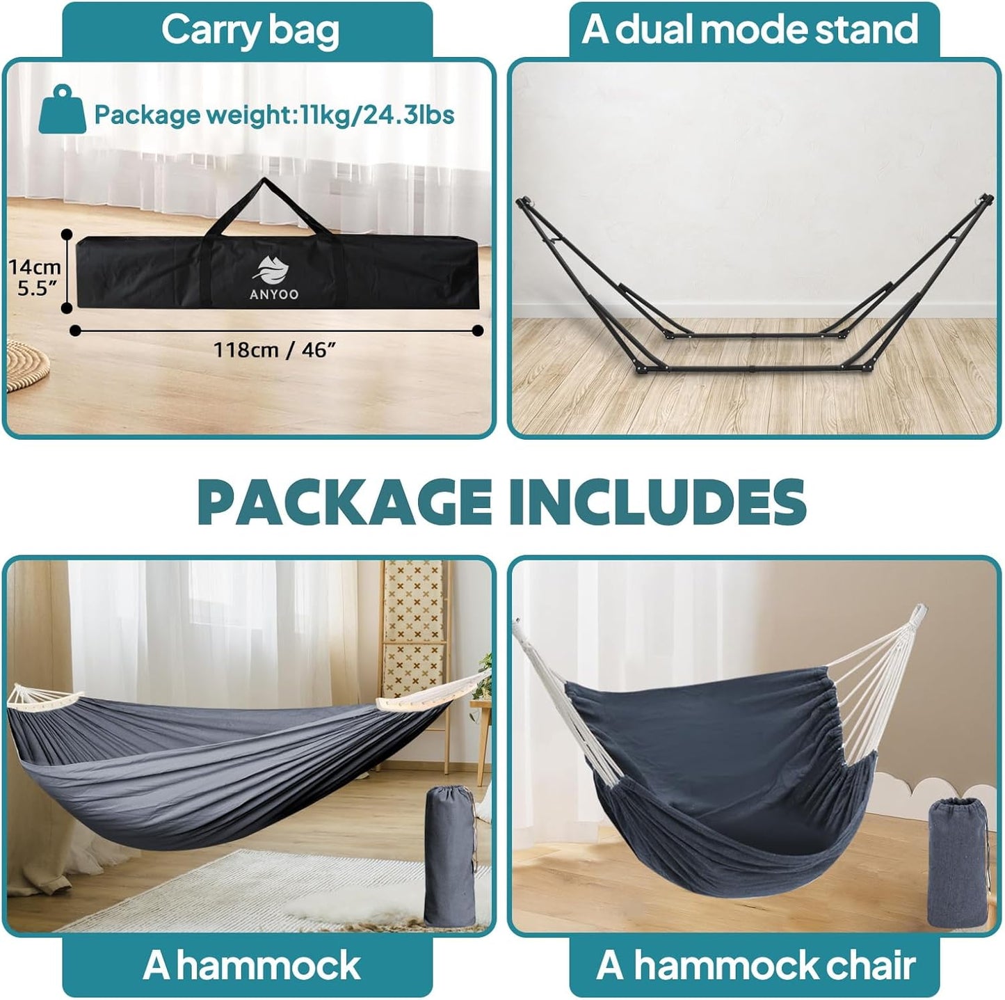 Anyoo 2 in 1 Hammock and Swinging Chair with Collapsible Steel Stand & Carrying Case,Portable & Adjustable,Easy Set Up for Outdoor,Indoor,Porch Swing,Patio,Garden,Camping Trip