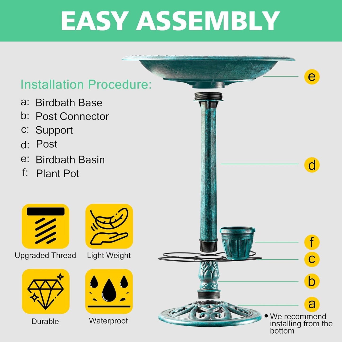 Bird Bath for Outside with 4 Removable Flower Planters 28in Polyresin Lightweight Vintage Birdbath Stake Standing Bowl and Water Feeder Yard Gardan Decor Green