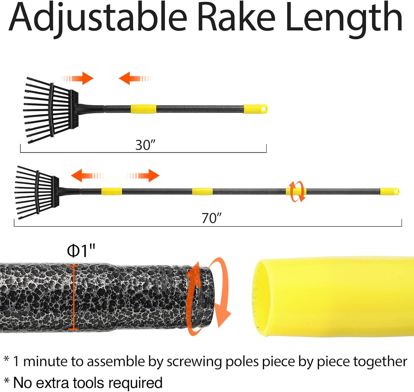 Leaf Rake, 11 Tines 9" Wide Metal Garden Rake for Leaves with 32 Gallon Leaf Bags and Scoops, Small Lawn Collapsible Yard Rakes for Camping Mulch Shrub Long Handle 30-70