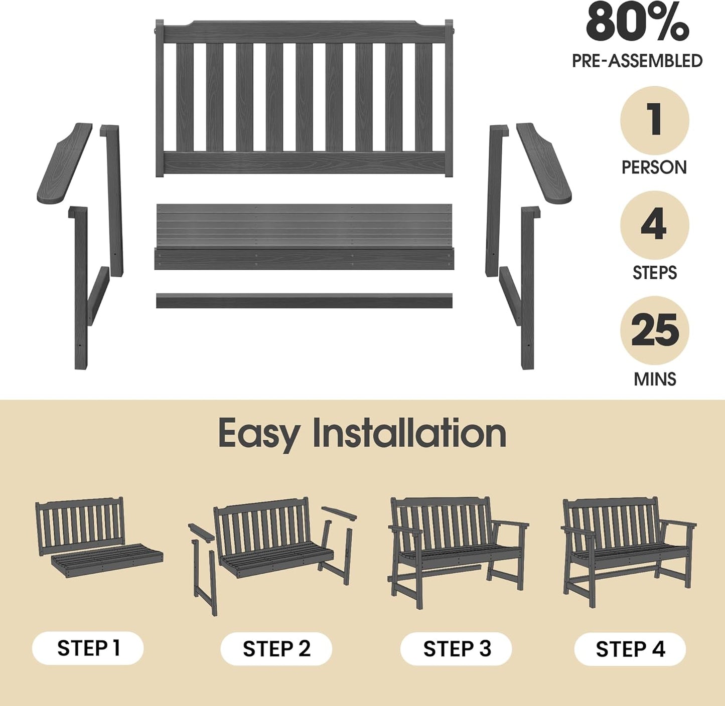 Ciokea 46" Heavy Duty Outdoor Bench Set of 2, HDPE Weatherproof Garden Bench, 2-Person Memorial Benches with 660 Lbs, Waterproof Patio Porch Benches for Outside Business Office Backyard, Dark Grey