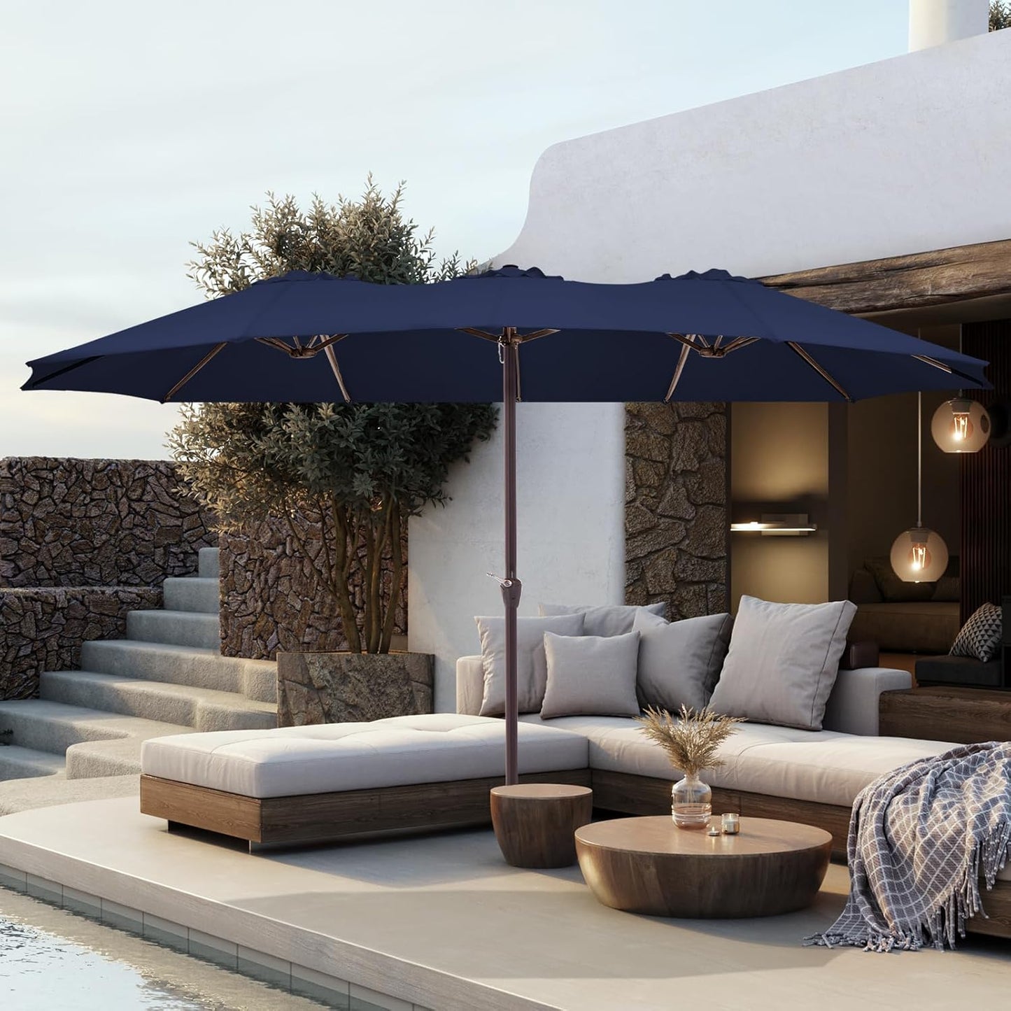 JEAREY 15FT Patio Umbrella Large Outdoor Umbrella Extra Double-Sided Market Umbrella with Crank Handle for Garden, Deck, Backyard and Pool, Navy