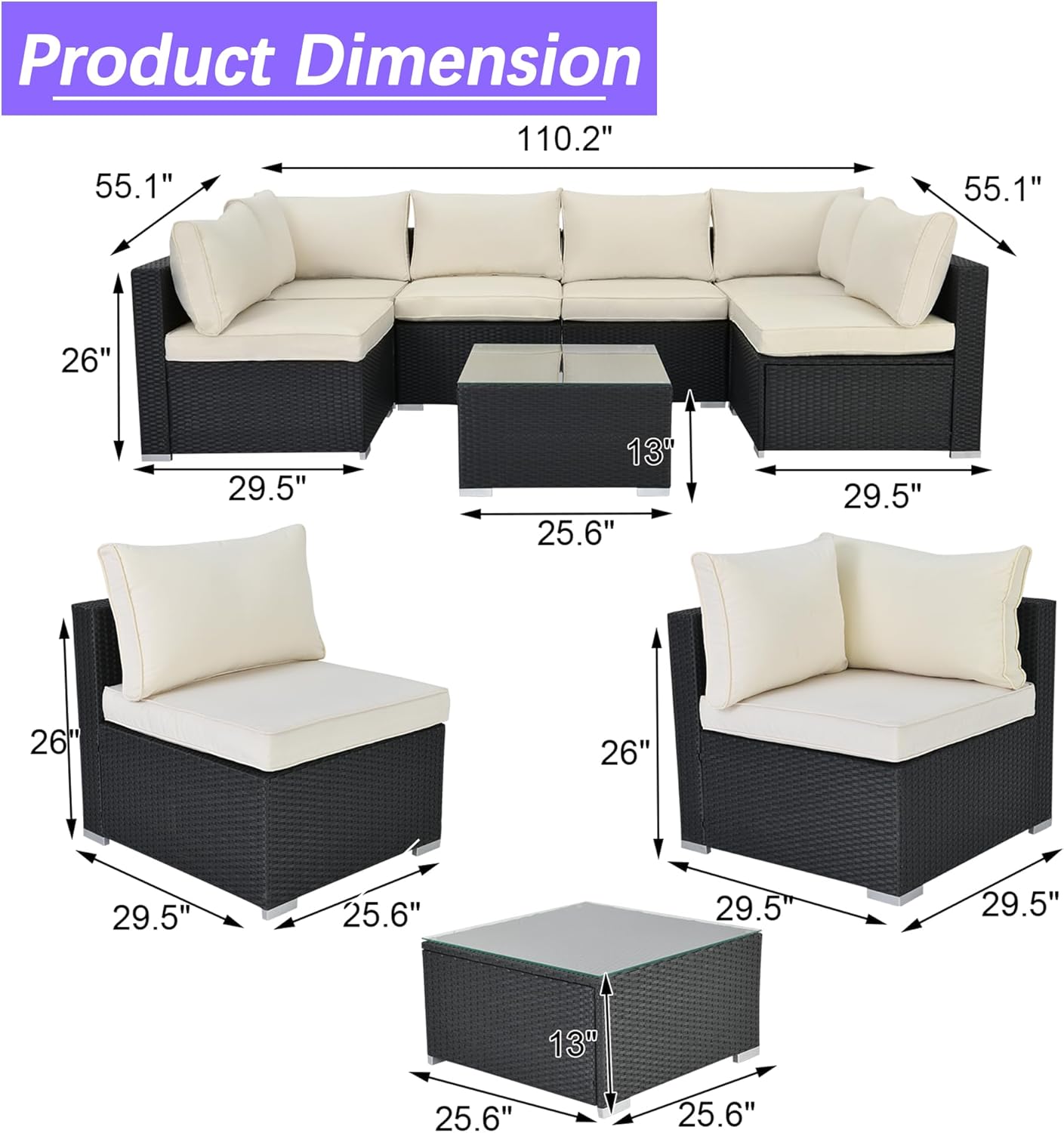 7 Piece Patio Furniture Set, Outdoor Couch Set—All-Weather Outdoor Furniture Sectional w Water Resistant Thick Cushions, Patio Sofa Set w 2 Extra Pillows and Coffee Table, Beige/Black